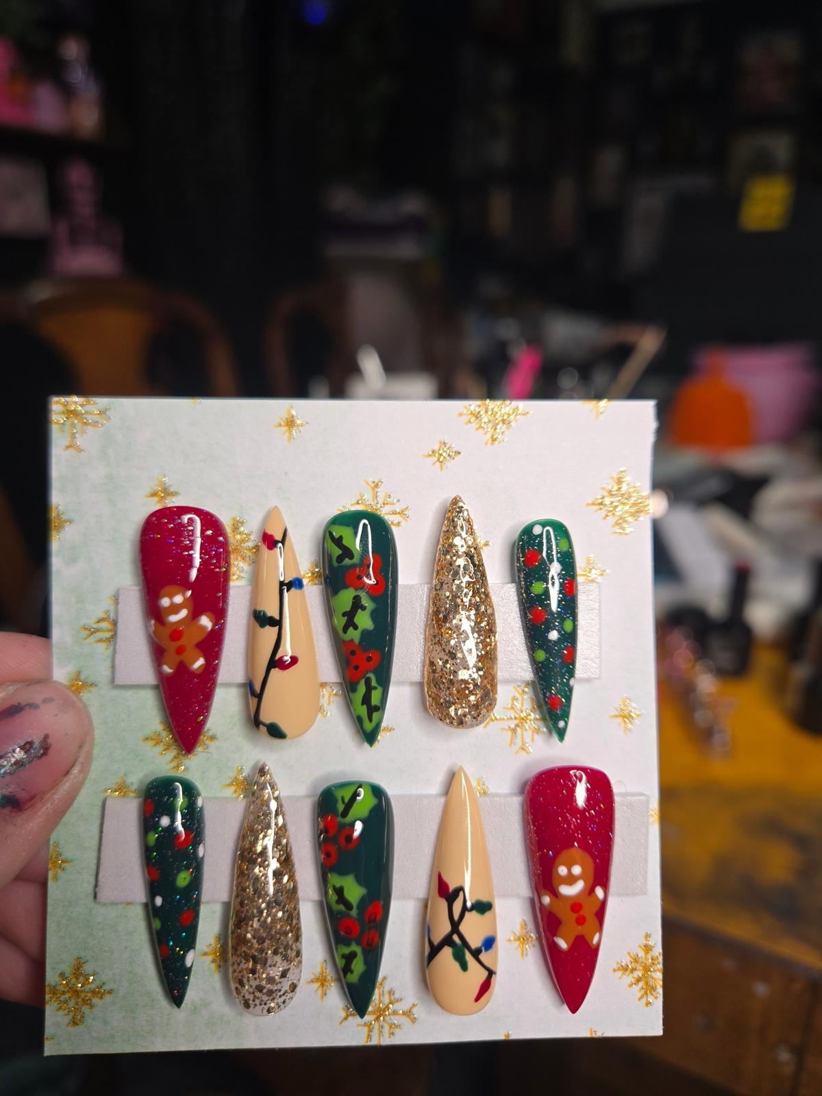 gingerbread lights Christmas handmade press on nails
