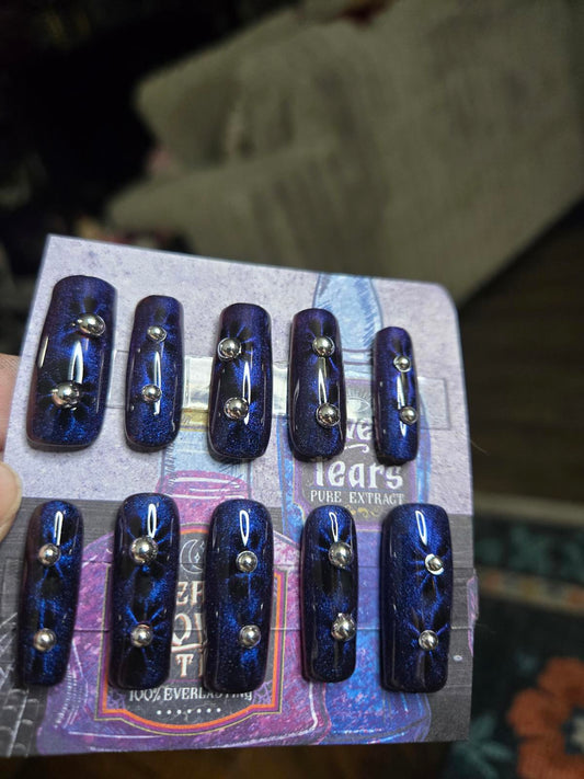 Blue cat eye floral burst nails custom made