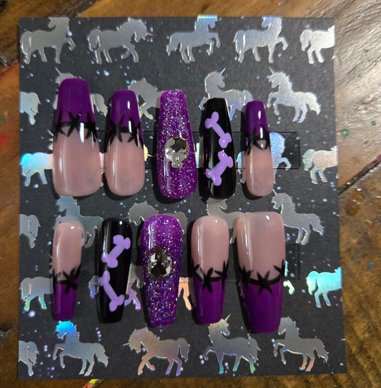 Halloween coffin shaped french tip with bones press on nails custom made