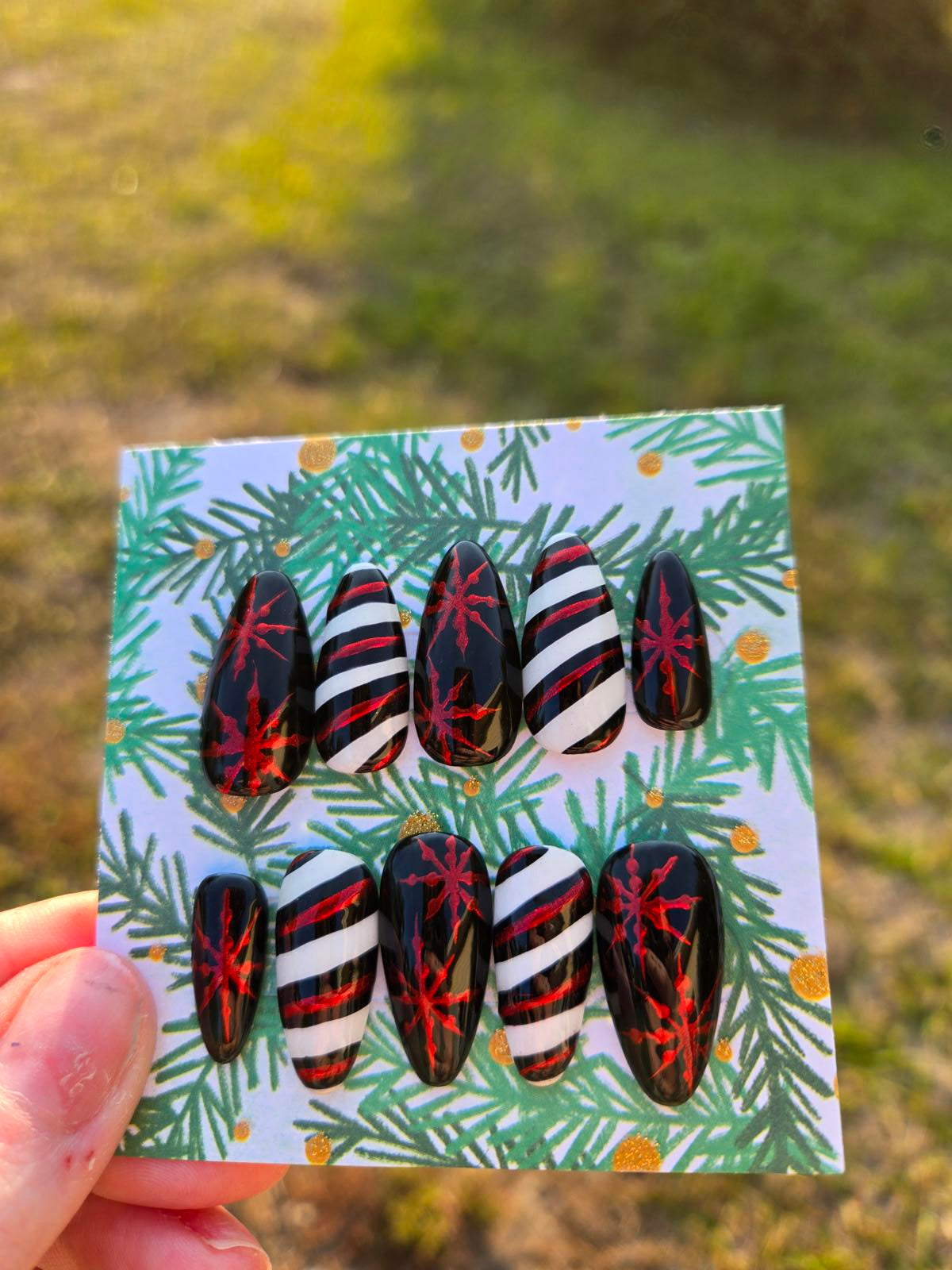 Black white and red Christmas chrome snowflake nails custom made