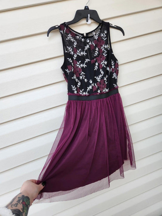 Speechless purple black floral dress with embroidery & tulle homecoming