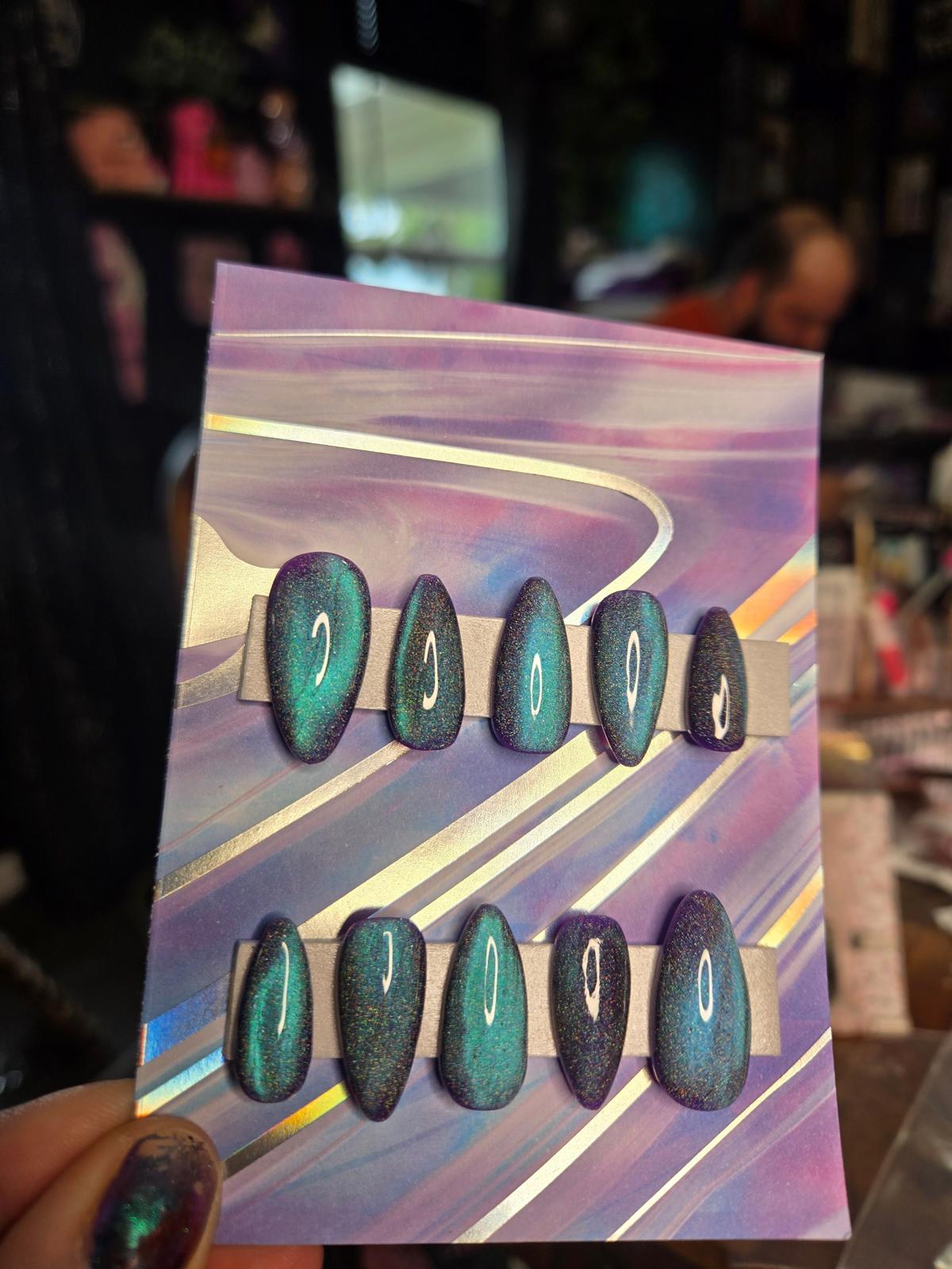 blue purple shift cat eye handmade nails