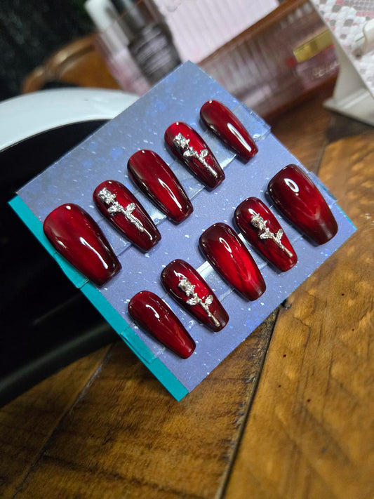 Ruby red cats eye and roses press on nails custom made