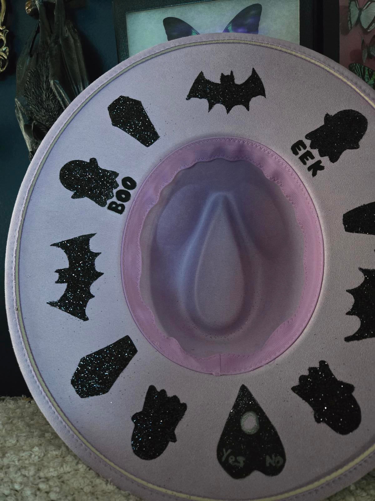 Lavender pastel goth hand painted witchy wide brim hat