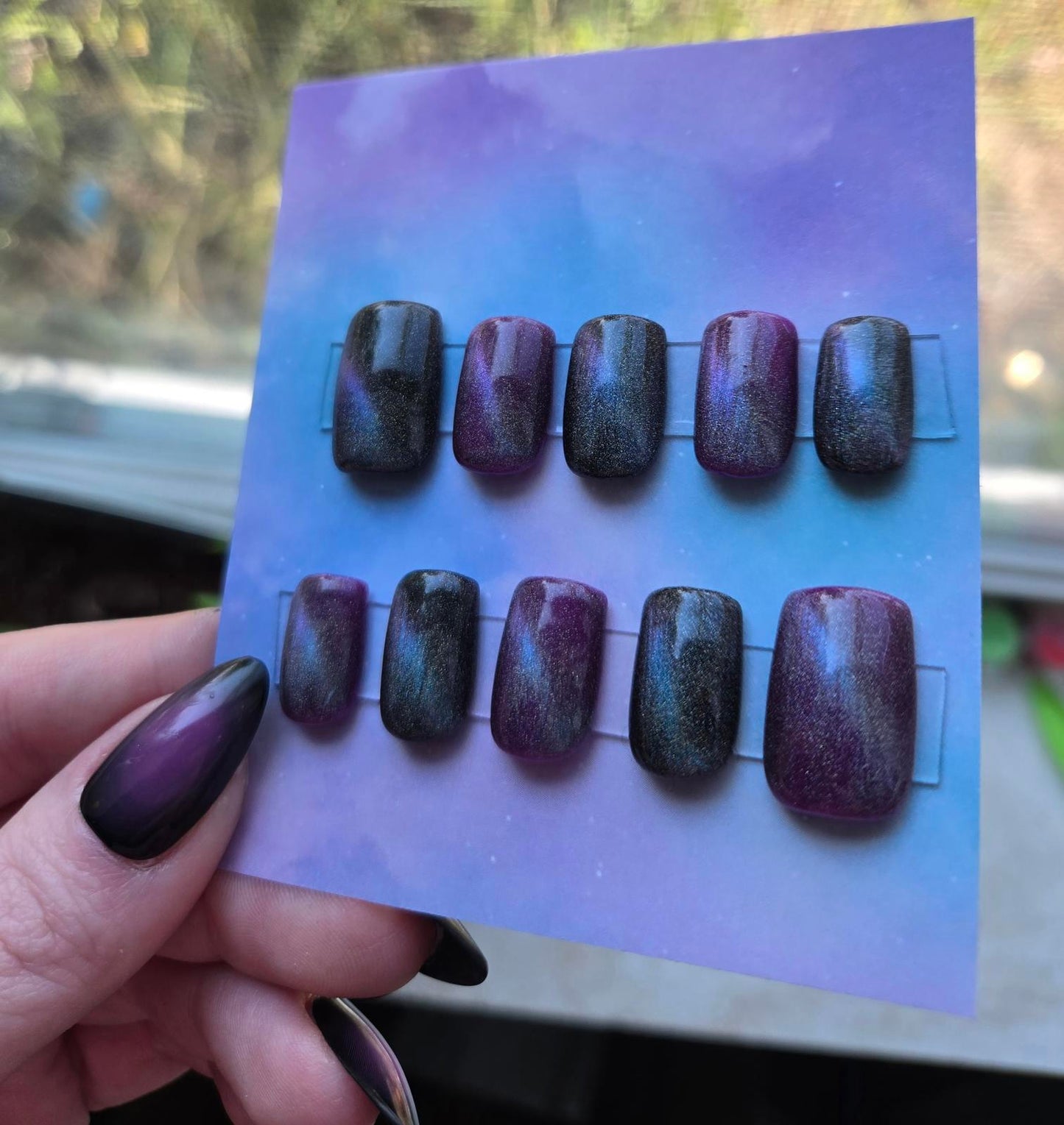 Galaxy cats eye short square press on nails custom made