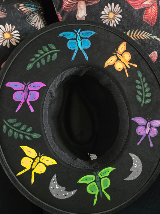 Hand painted fern and butterfly wide brim hat