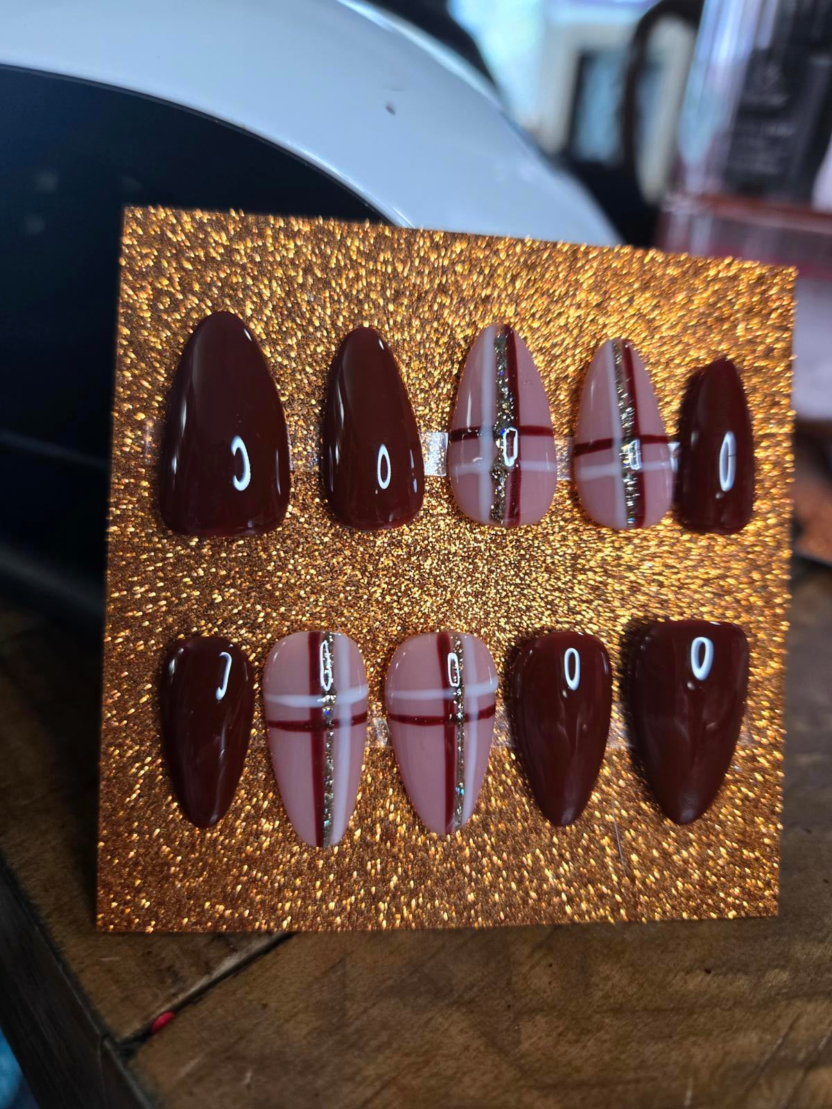 Fall plaid dark press on nails custom made