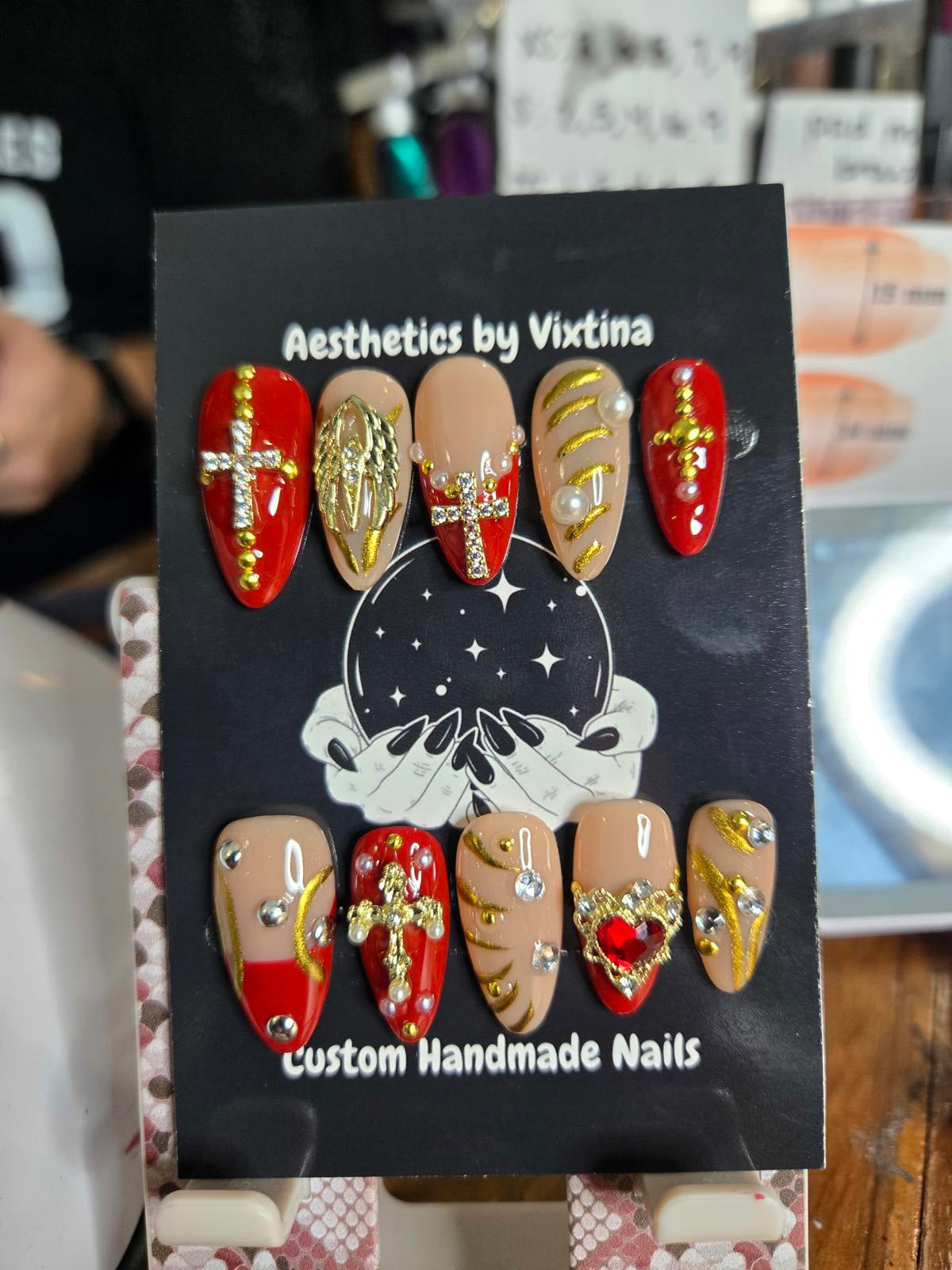 Red and gold renaissance cross nails custom made