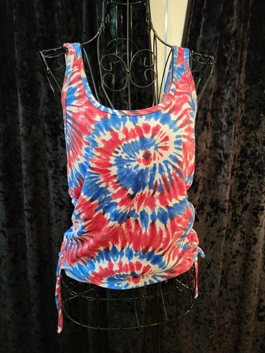 Tie dye red white & blue tank top w/ ruched sides