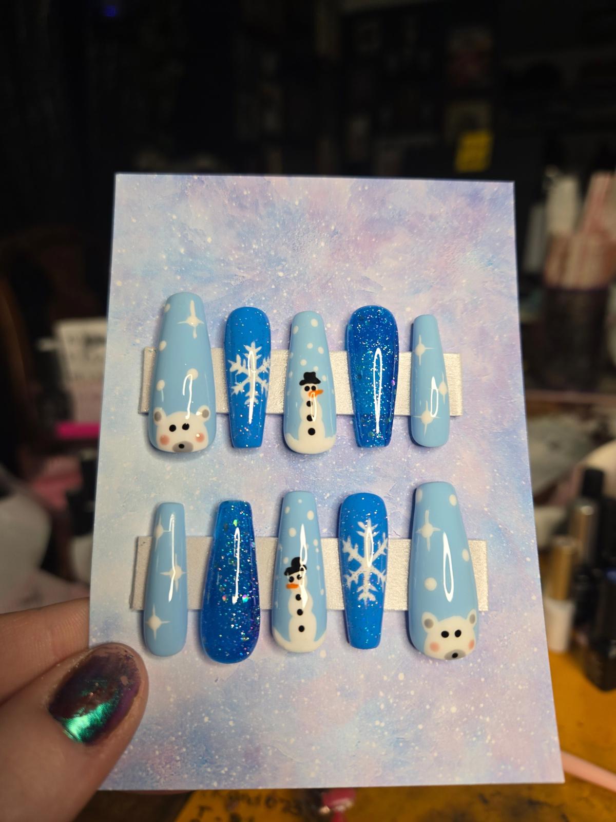 Christmas winter polar bear snow man handmade nails