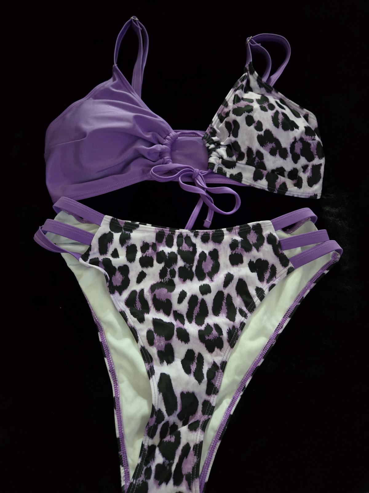 Purple leopard color block bikini swimsuit