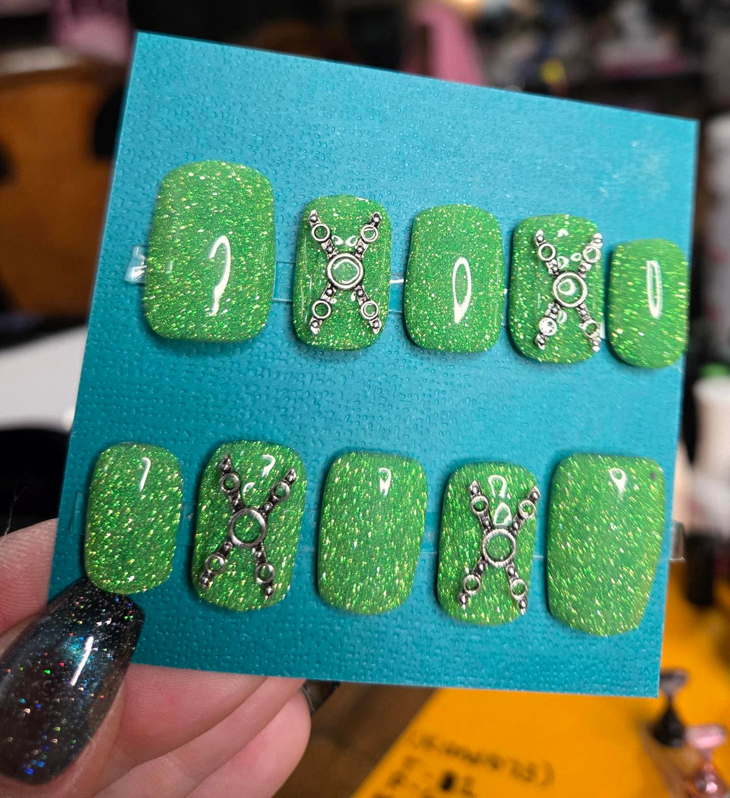 Green reflective glitter bondage nails custom made