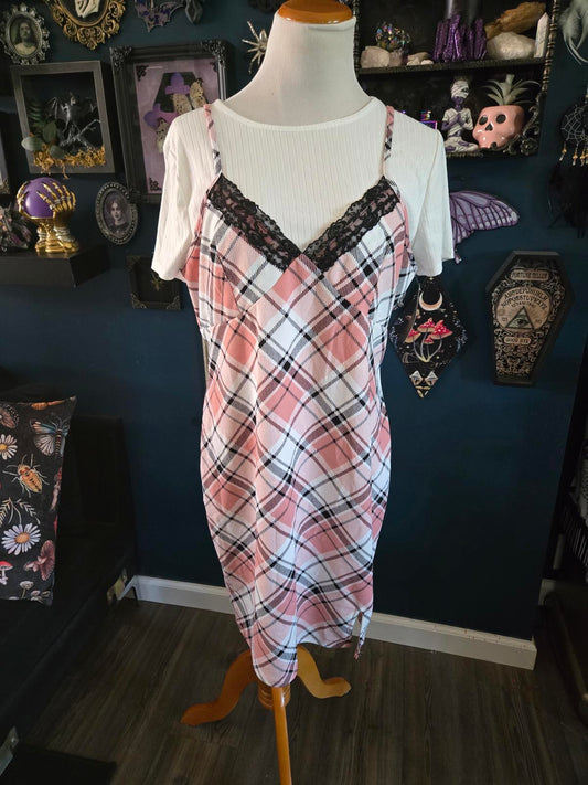 Pink plaid dress with white t shirt