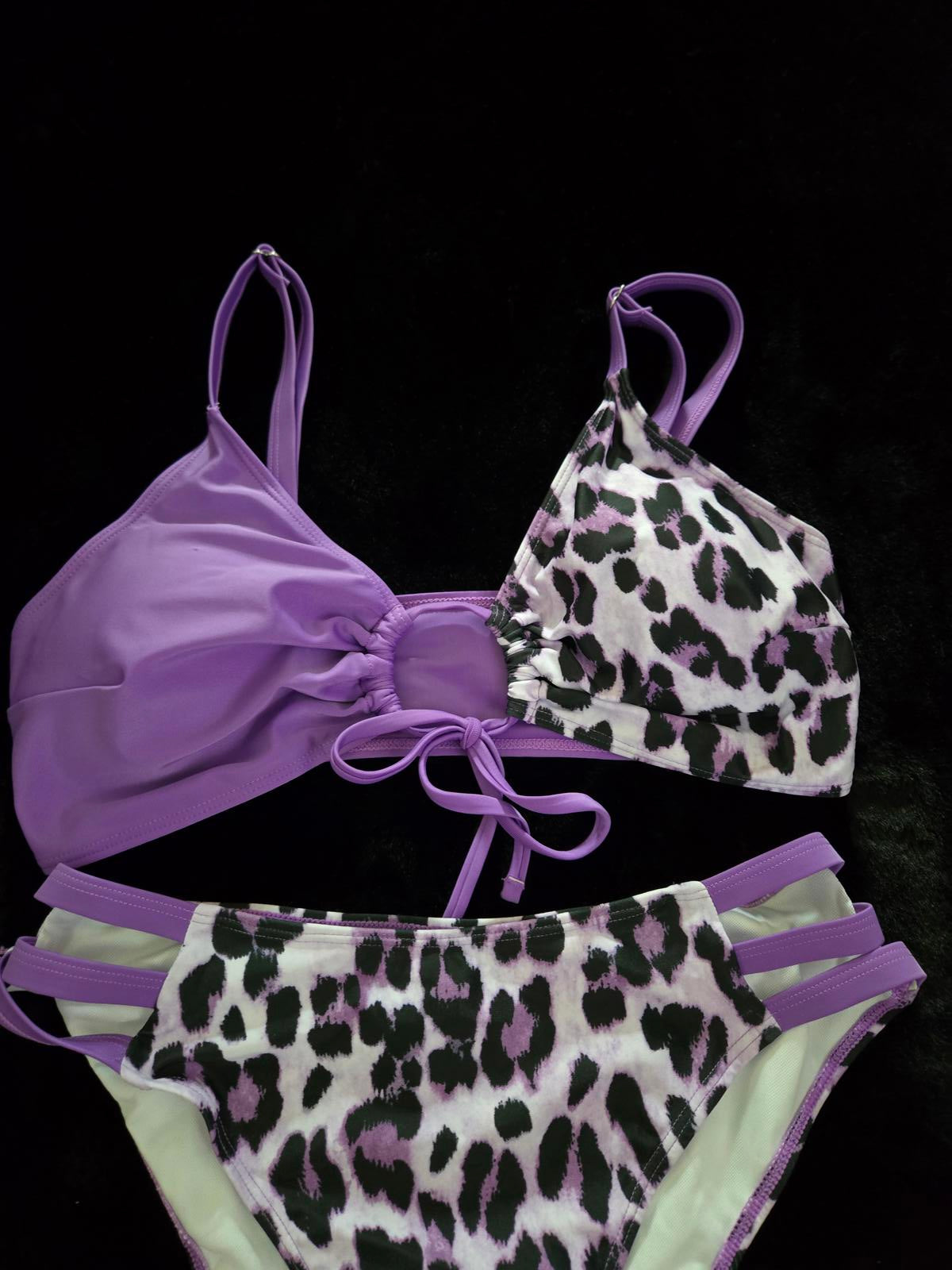 Purple leopard color block bikini swimsuit